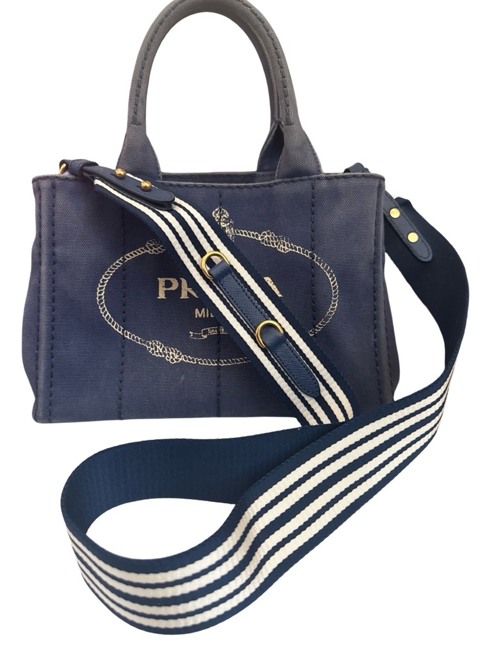 Prada Canapa Mini Tote 1BG439 Bluette Canvas 2-Way Crossbody Bag w/ Strap